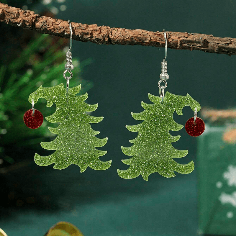 TEMU 1 Pair Creative Christmas Red Round Disc Green Christmas Tree Drop Earrings, Acrylic Sequin Long Christmas Tree Earrings, Women's Fashion
