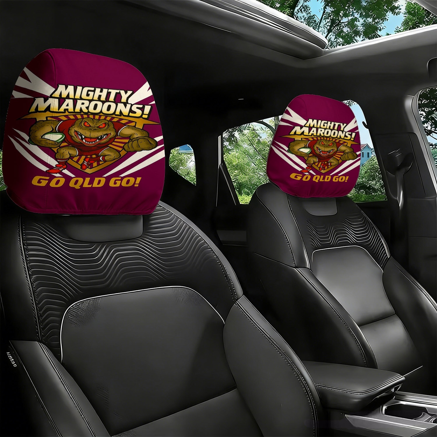 TEMU 2pcs Cartoon Crocodile Car Headrest Covers | " ! Go Qld Go!" Print, Universal Fit, Easy To Clean, Soft And Breathable Polyester, Ideal For Daily