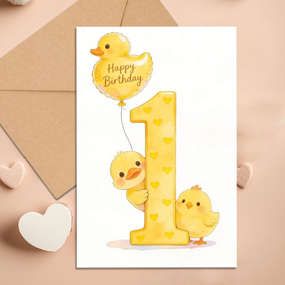 TEMU 1pc & Chick Balloon Number 1 Birthday Card Suitable For Women Men - Adorable Duck & Chick Balloon With Envelope, Paper Greeting Card For
