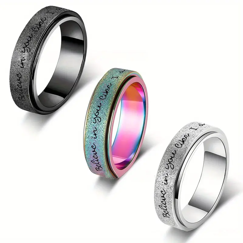 6mm rotating stainless steel ring with believe in yourself engraving black white gradient durable stylish for men spring fashion accessory motivational jewelry gradient durable jewelry Product details 0