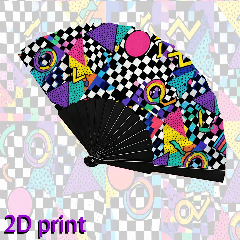 TEMU plegable de estilo para mujer, 2D - Ventilador de enfriamiento portátil con colorido geométrico retro, adecuado para baile, conciertos, fiestas,