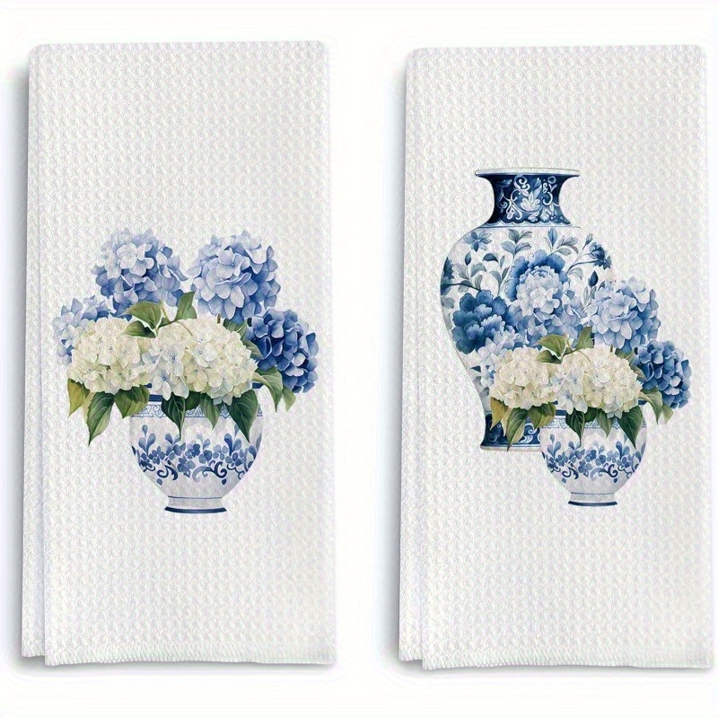 

2pcs Woven Polyester Dish Towels, Blue And White Porcelain Hydrangea, Super Soft, Machine Washable, Themed Kitchen & Bathroom Decorative Towels, 18x26 Inches