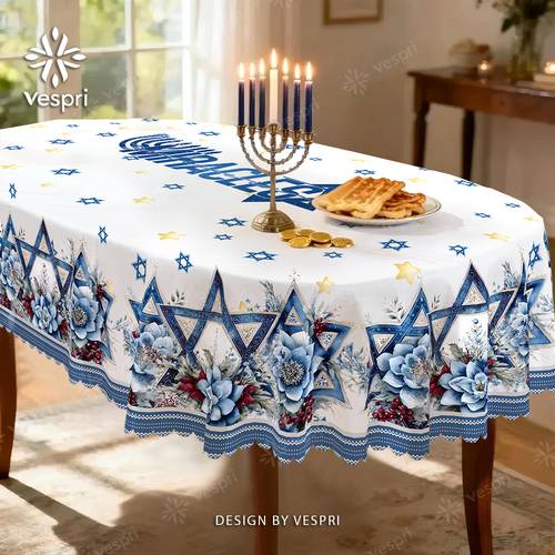 hanukkah tablecloth jewish traditional blue hebrew lettering or floral striped white background machine fabric for round rectangular square oval table indoor outdoor hanukkah party decorations classic jewish