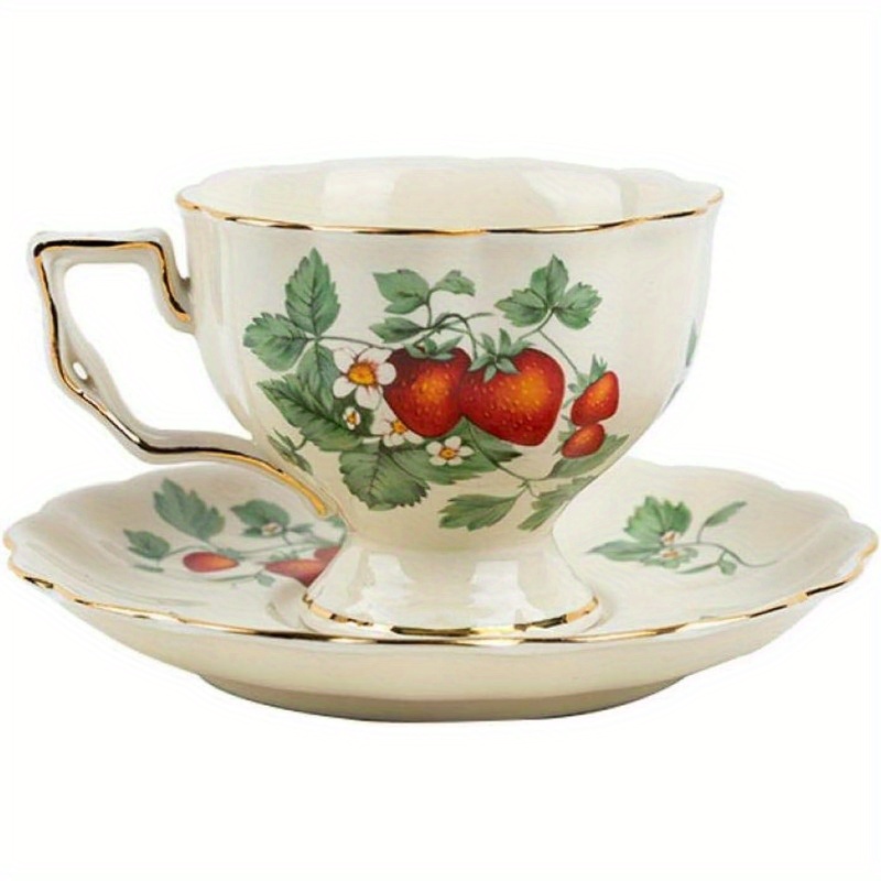 1pc vintage strawberry floral teapot - elegant & golden porcelain tea set with non-slip base, dishwasher safe cup and saucer + teaspoon -   tableware for coffee, tea, special occasions - ideal gift for women & home decor - strawberry pattern, 7.44oz capacity, food-safe, modern & elegant design, teacup, cups for tea Product details 0