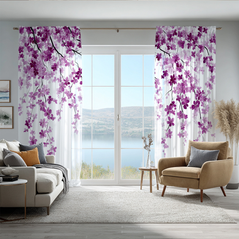 TEMU 2d Flat, 2pcs Curtains, 2d , Chiffon Sheer Curtains - Semi-transparent And Opaque , Living Room And Bedroom Decor Rod Bag Design, Nature- Decor,