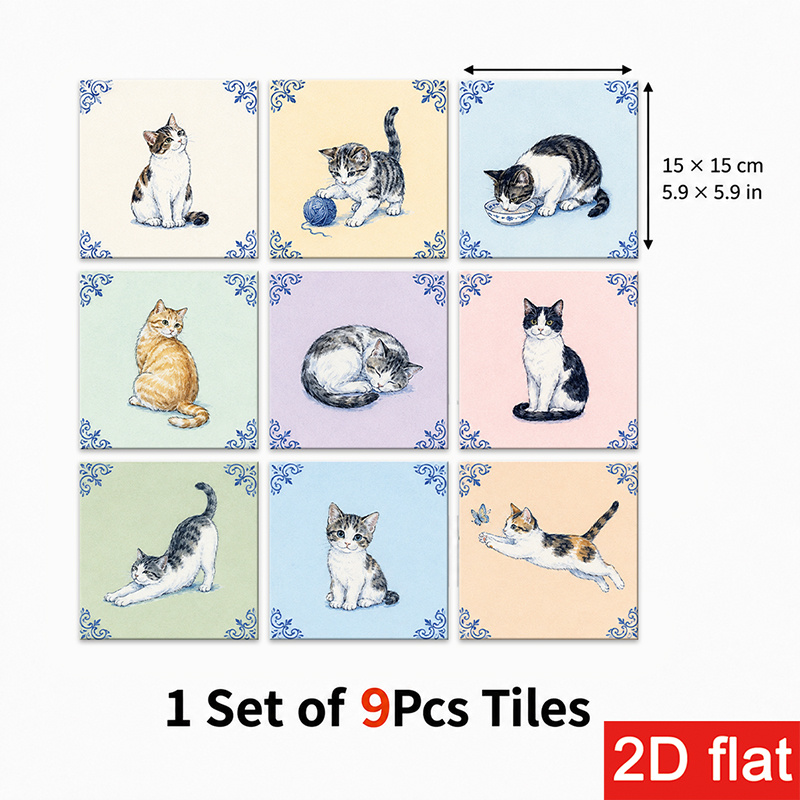 TEMU 2d Flat 9pcs 15x15cm (5.9x5.9in) Slate Tile Stickers Modern - Cat For Kitchen Backsplash, Coffee Corner Counter. Self-adhesive, Peel And Stick
