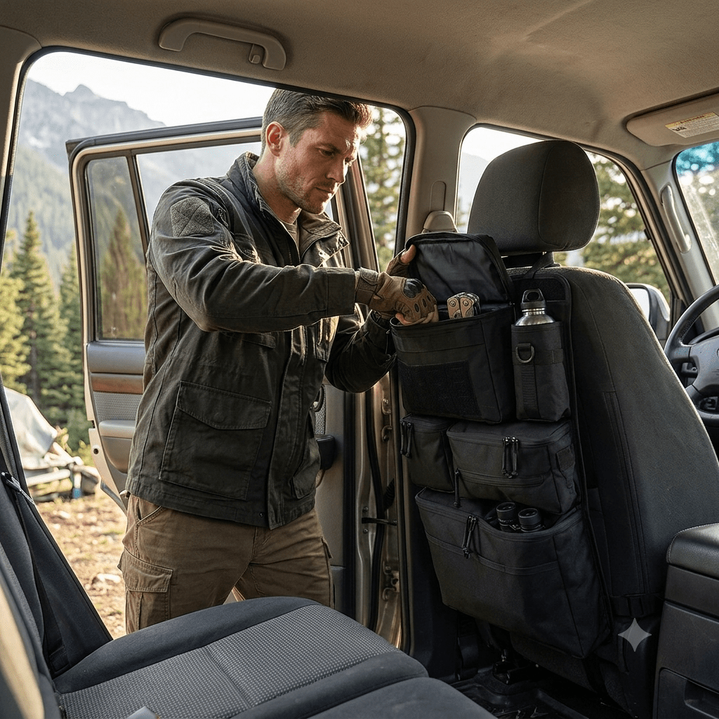TEMU Sac de rangement tactique pour siège de voiture et organisateur de bagages adapté au matériel de pêche, organisateur de siège arrière avec