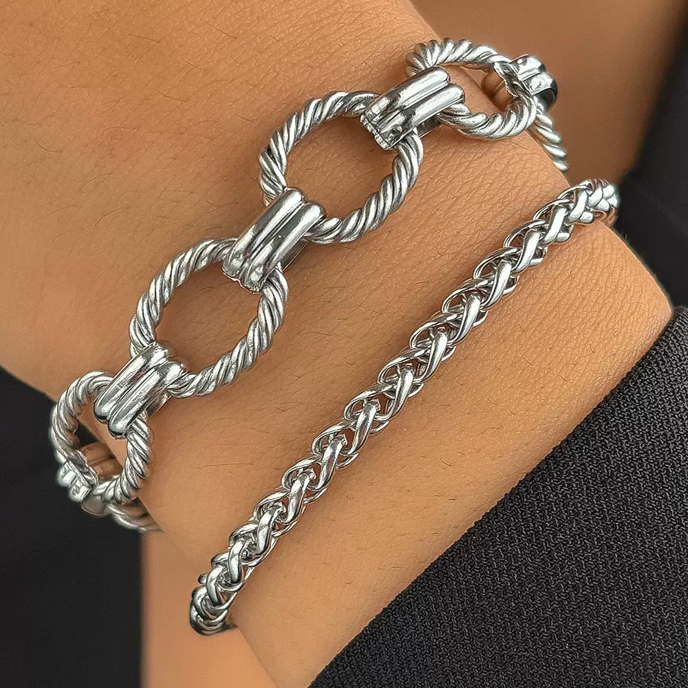 2 pack   cuban chain stainless steel bracelets double layer stackable set minimalist tarnish resistant   daily wear holidays vacations gift for men women