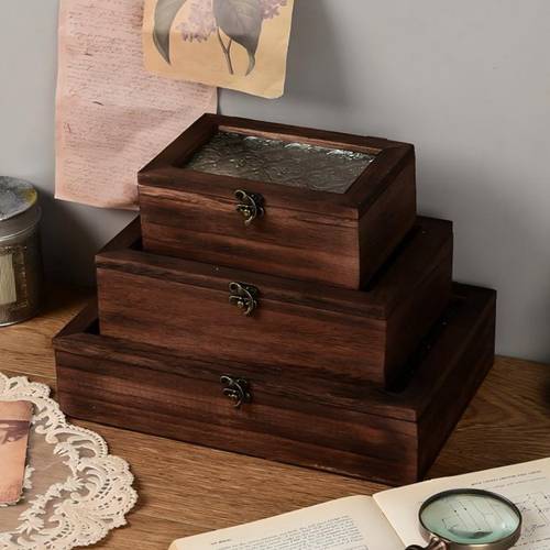 1pc vintage wooden glass storage box with dustproof for jewelry and trinkets home kitchen decor dust proof wooden chest for accessories storage bins for baskets bins containers for