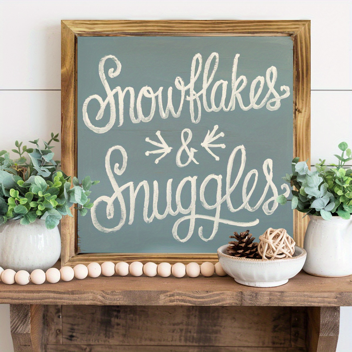 TEMU "snowflakes & Snuggles" Rustic Farmhouse Wooden Wall Sign - 8x8 Inch Script & Design With Snowflake Motif, Multi- Accent For Christmas, Winter,