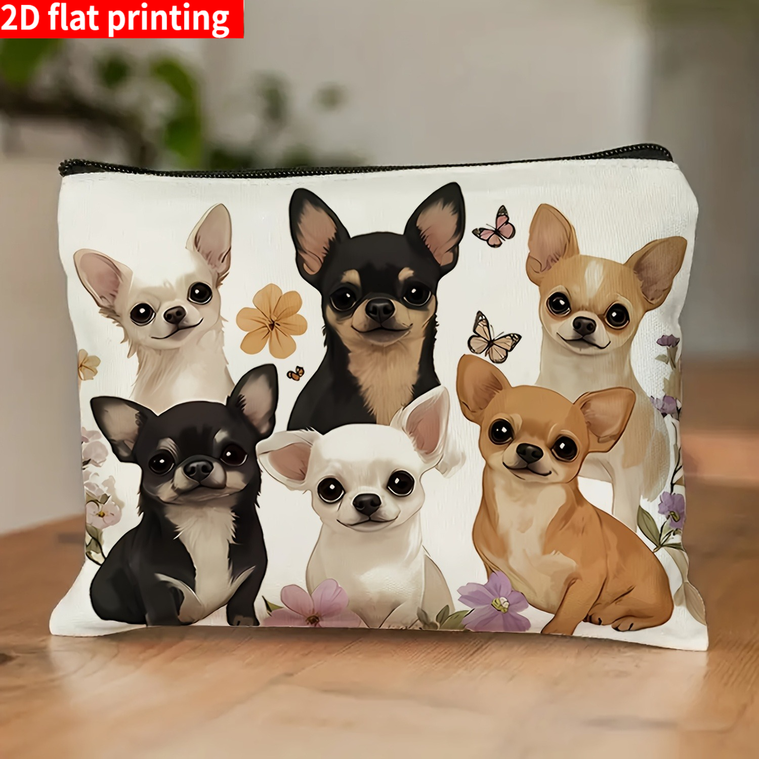 TEMU Bolsa de maquillaje con estampado 2D , 1 pieza, diseño lindo de perro Chihuahua y flores, impresión - Organizador de viaje de gran capacidad,