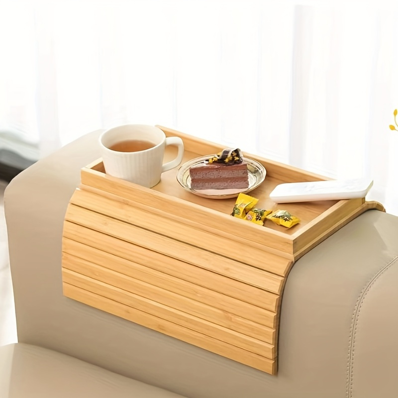 Image of Vintage Wooden Cup Holder, Breakfast Tray, Classic Bamboo Sofa Armrest , Used As A Cup Holder Storage Tray - For Remote Control/drinks/phones - Convenient Wooden Breakfast Tray