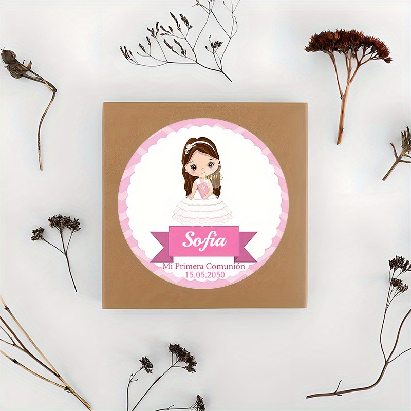 TEMU 96 Pegatinas Redondas Personalizables para Comunión - Diseño a Rayas y Estilo Religioso, Ideales para Invitaciones, Decoración, Regalos