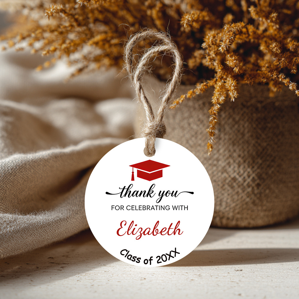 TEMU Custom 48pcs, 96pcs Graduation Round Gift Tags With Jute Rope, Easy Red Graduation Cap , Customizable Text, Suitable For Party Favor Stickers,