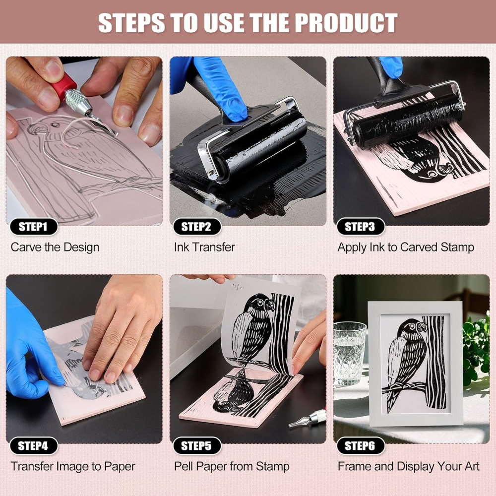 5-Pack Printmaking Carving Kit with Pink Stamp Blocks & Tools