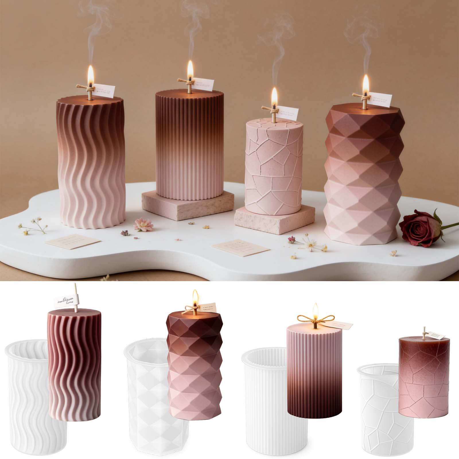 TEMU 4 Types Reusable Silicone Molds Suitable For Diy Candle Making & Resin Crafts - Non, Stripe, Crackle, Cylindrical Wax & Resin Molds For Candle