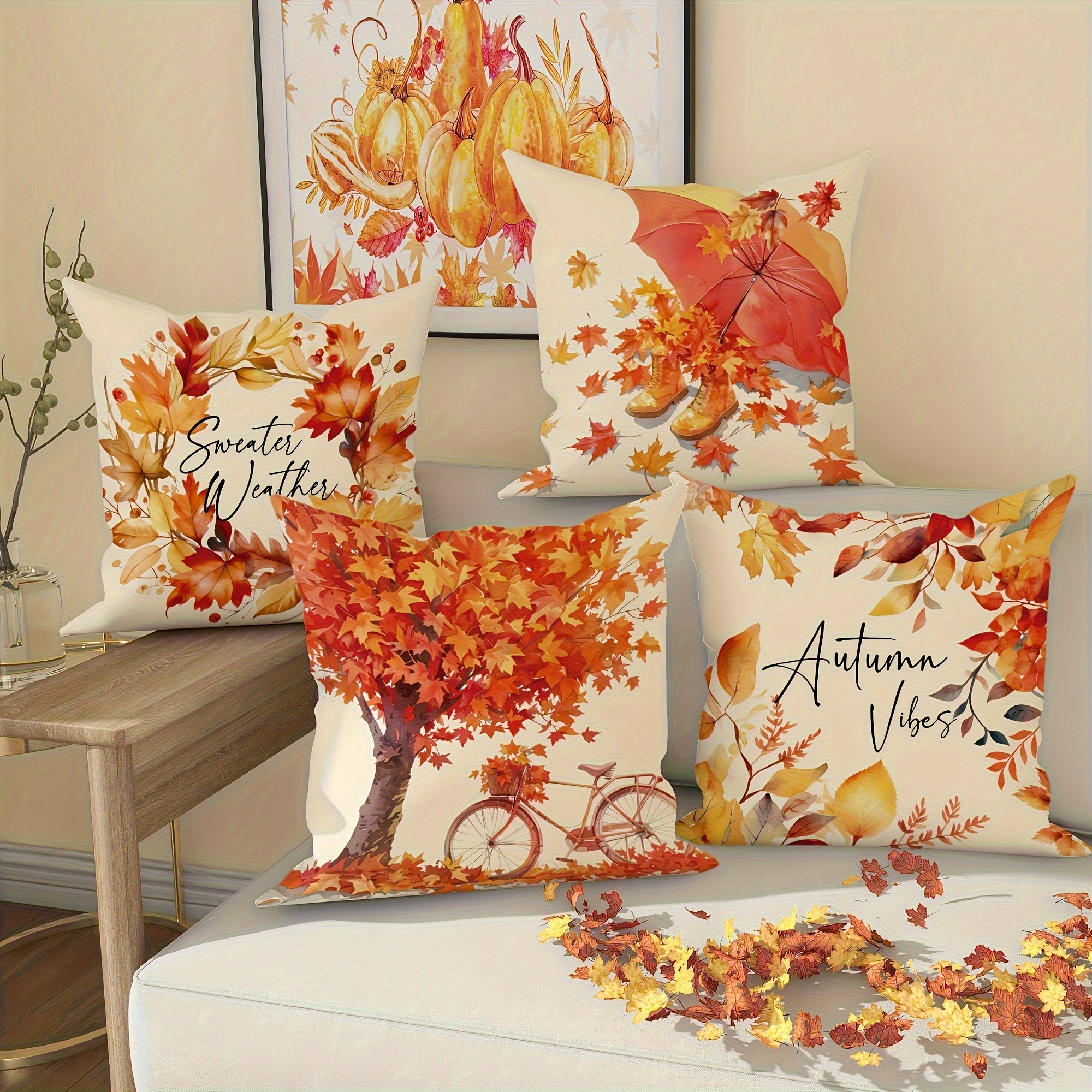 TEMU 4 pezzi di fodere per cuscini a tema autunnale moderno, elementi di albero di acero e foglie, design di acero, decorazioni per le feste, fodere