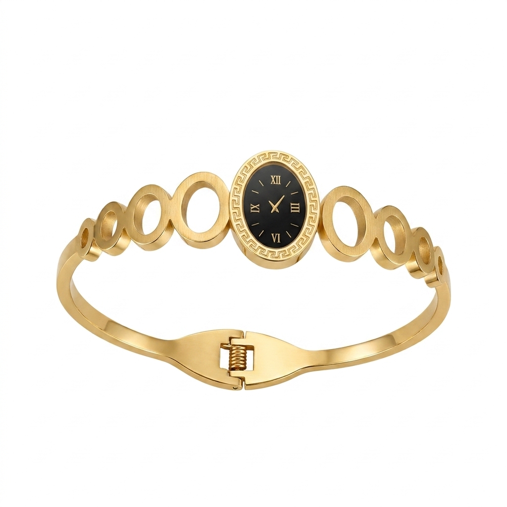 TEMU 1pc Meander Oval Dial Decorative Bracelet, Graduated Size Hollow Ring Links, Non-rotating Stainless Steel Spring Clasp Bangle