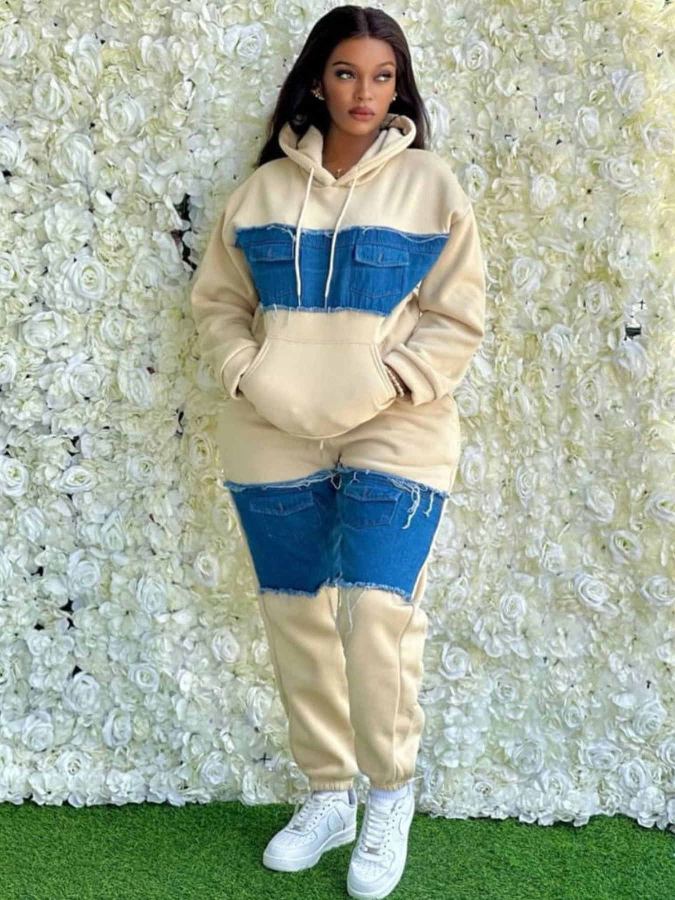 womens turquoise blue color block sweatshirt set oversized Temu