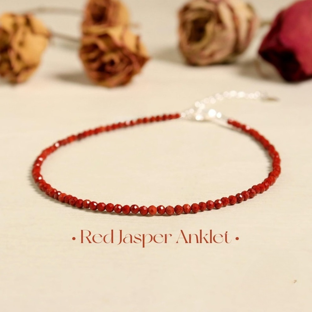 TEMU 1pc Red Jasper 2mm Tiny Stone Beads Anklet, Minimalist Women Bracelet Anklet, With Stainless Steel Chain, Gift For Her