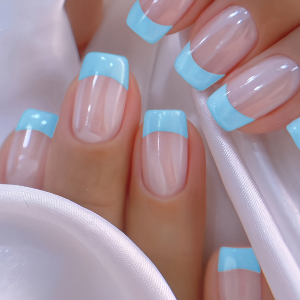 TEMU Show Your Beauty 24pcs Square Nails, Simple And Elegant Powder Glossy Finish With Blue Edges For A Effect, Fashionable And Versatile Press-on
