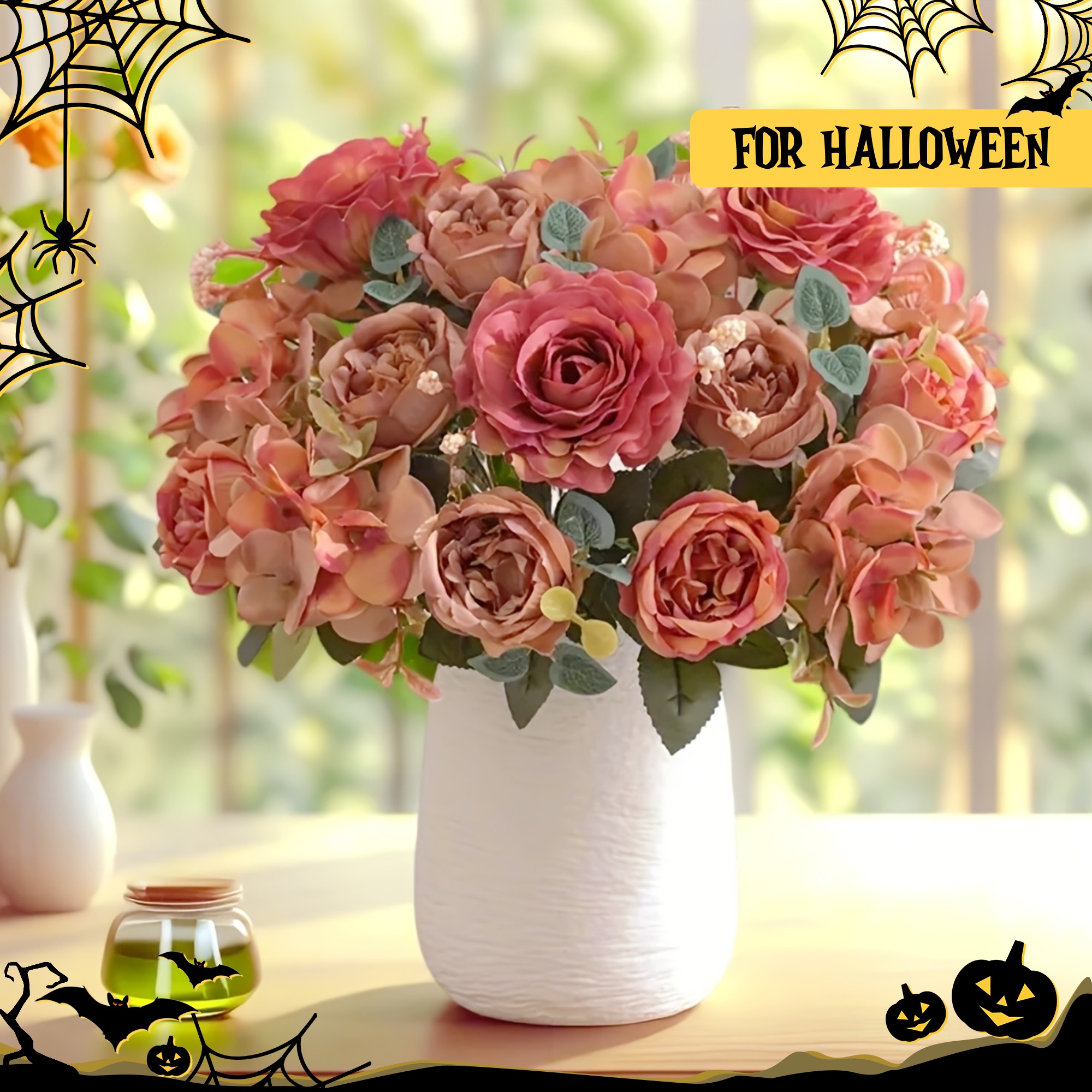 1 Artificial Flower, Rose or Peony, for Indoor and Outdoor Decoration  , Summer, and Autumn, Suitable for Weddings, Harvest Festivals, Halloween, Graduation Season, and   Party Events, UV Resistant