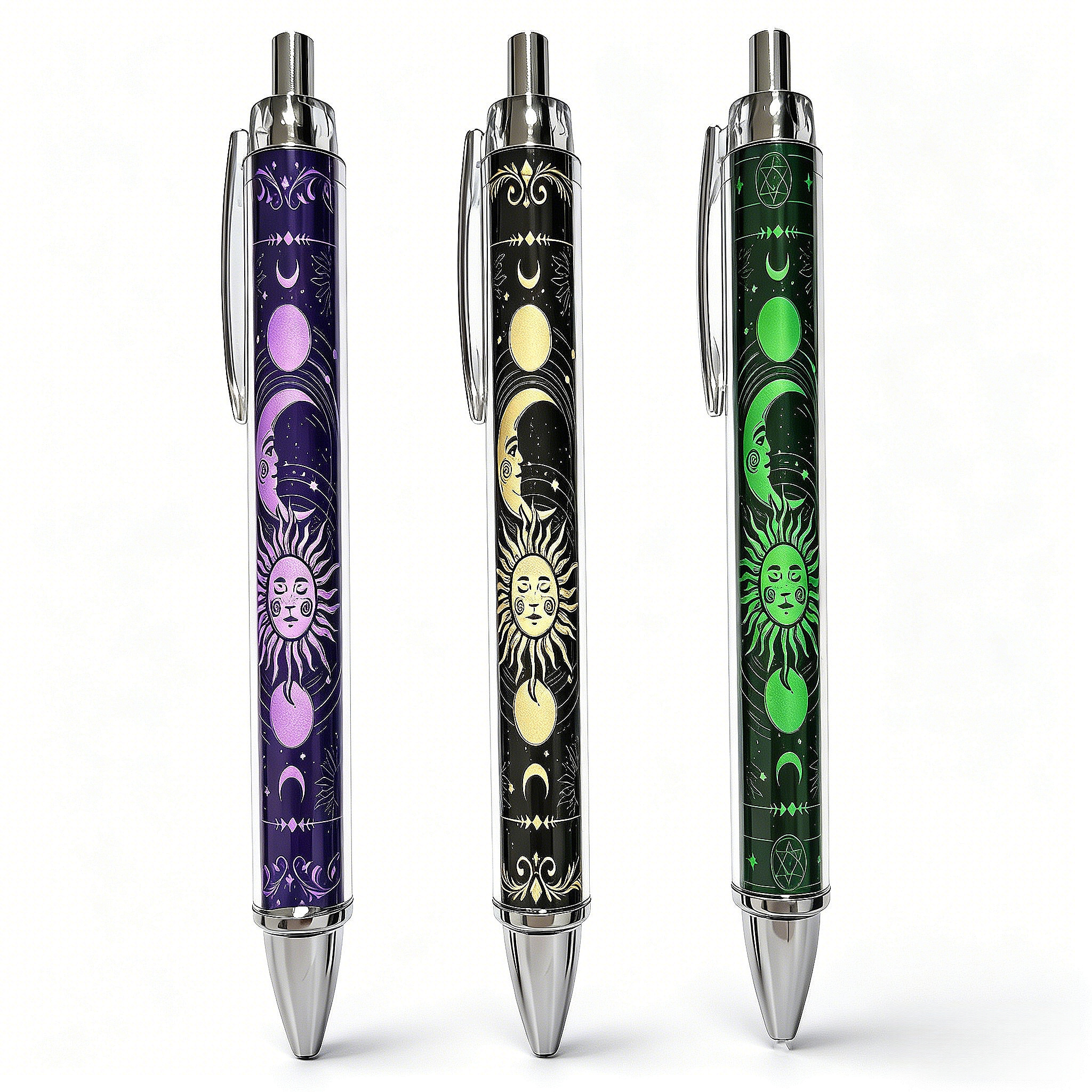 3pcs Mysterious Retractable Ballpoint Pens Celestial Pattern Black Ink Smooth Writing, Portable Theme Gift For Wiccan Astrology Diary School Daily Use.