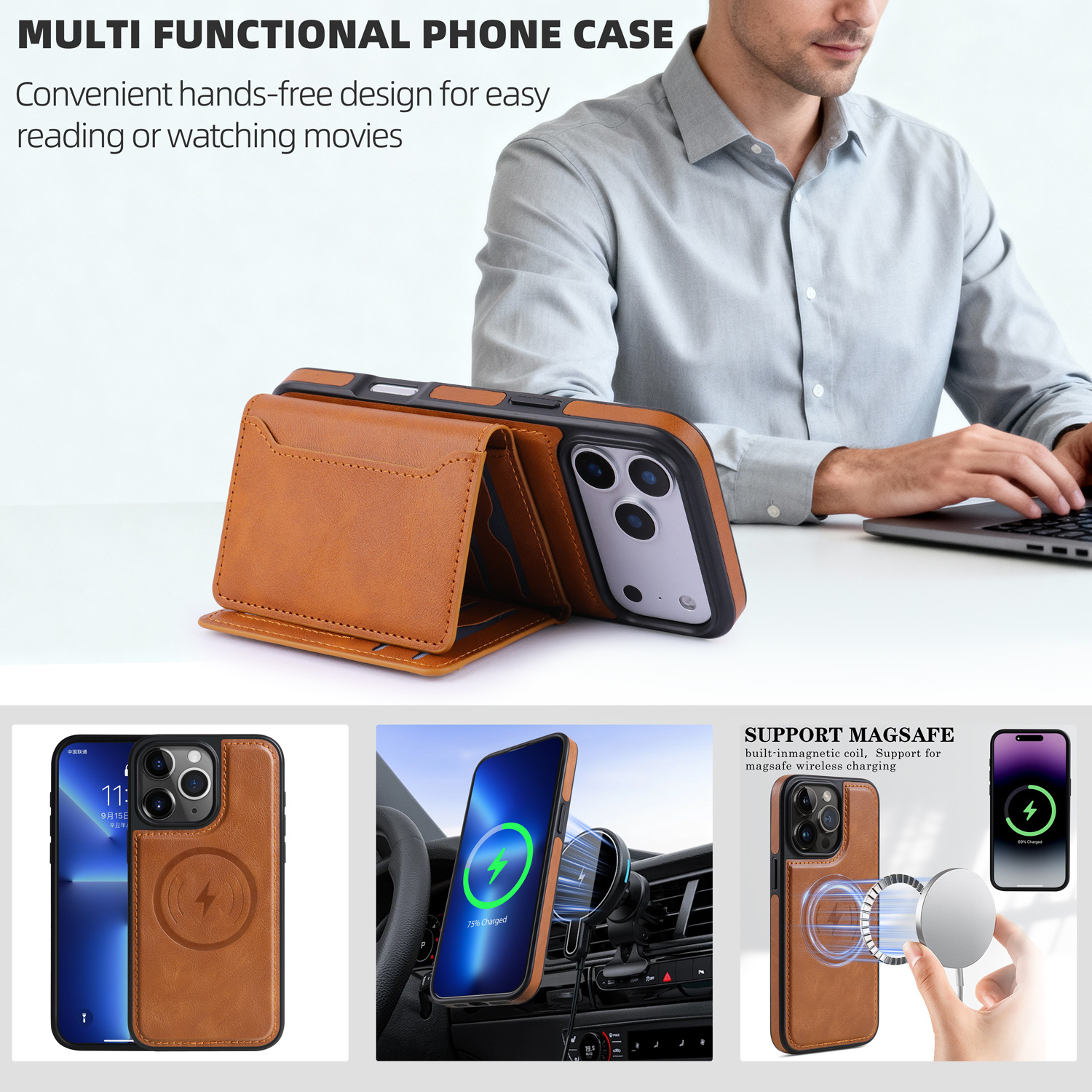 TEMU Phone Case - Light Brown Faux Leather Phone Case With A Built- And Coin Storage For Iphone 17air/16e/12 Featuring A Vintage Design
