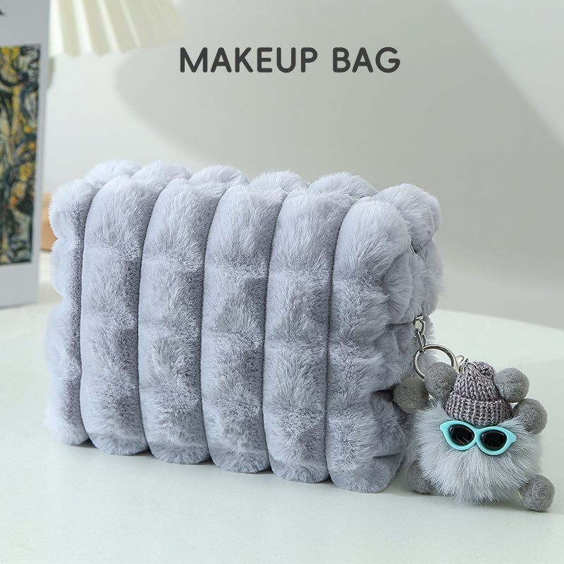 TEMU Large Capacity Plush Makeup Bag With Pom Pom - Pink Cosmetic Bag For Travel And Home Use, Cute And Practical Design For Women, Makeup Travel Bag