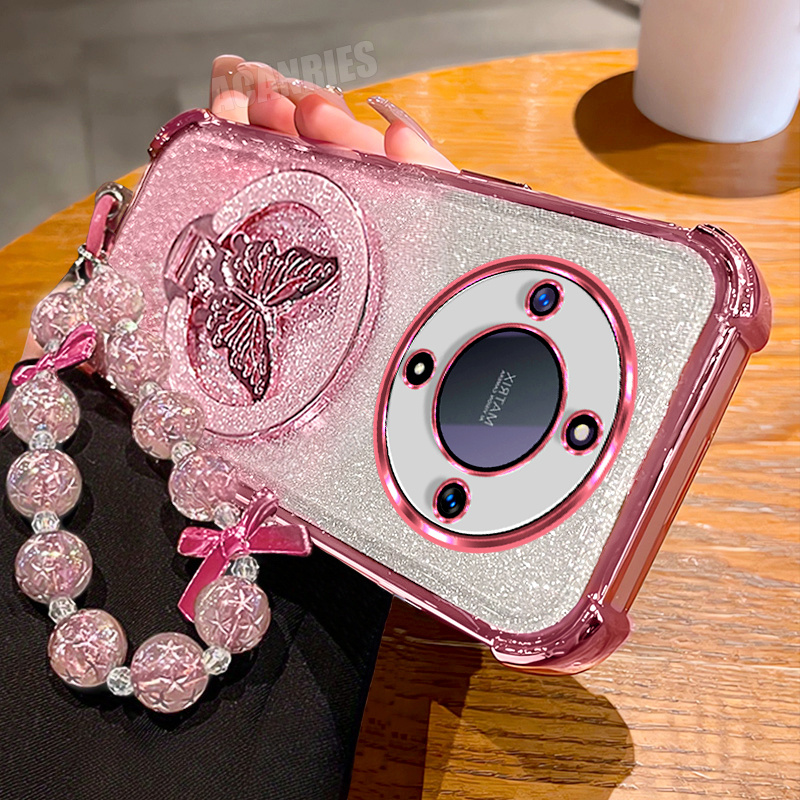 Phone Case: For Honorx9b Luxury Glitter Bracket Folding Holder With Bead Lanyard Wrist Strap Chain And Gradient…: retailer-supplied image