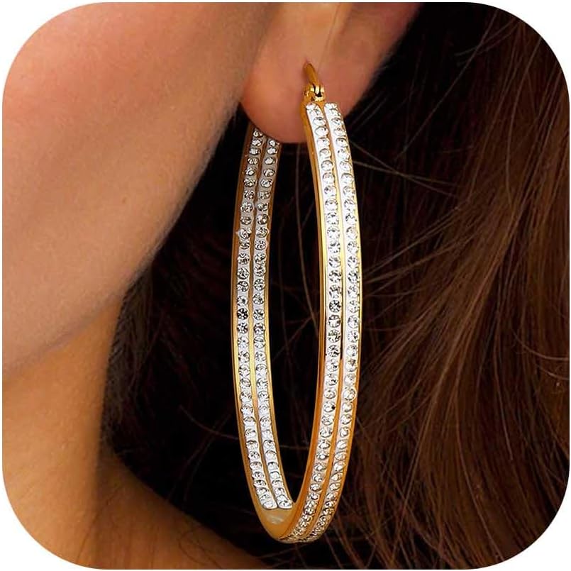 1pair Hoop Earrings For Women Stainless Steel Large Rhinestone Hypoallergenic Piercing Earrings With Cubic Zirconia – 50mm