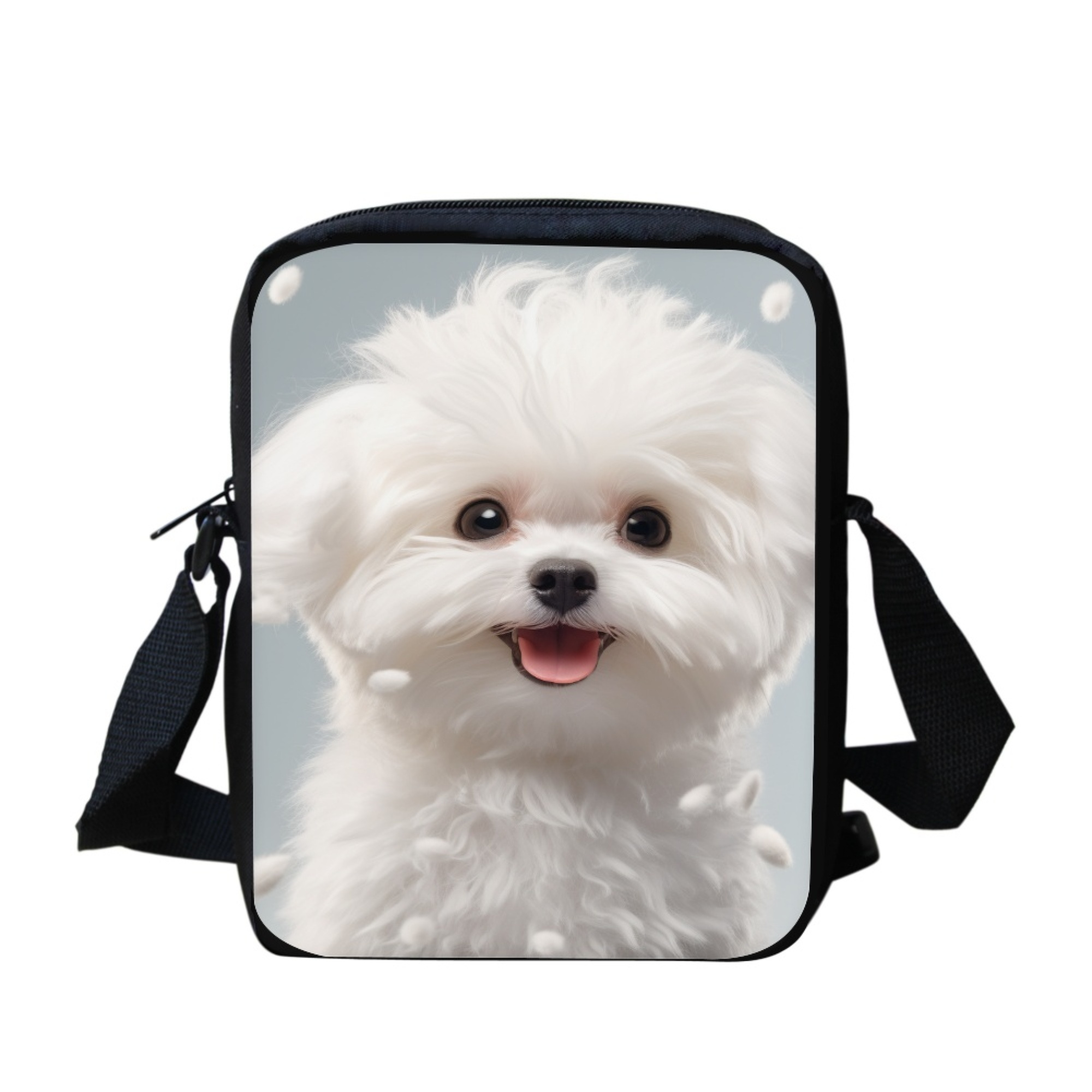 

1pc Adorable Maltese Dog Print Mini Crossbody Bag, Polyester Handbag With Adjustable Shoulder Strap, Lightweight Zippered Pouch For & Holiday Events, Unlined, Hand Wash Care