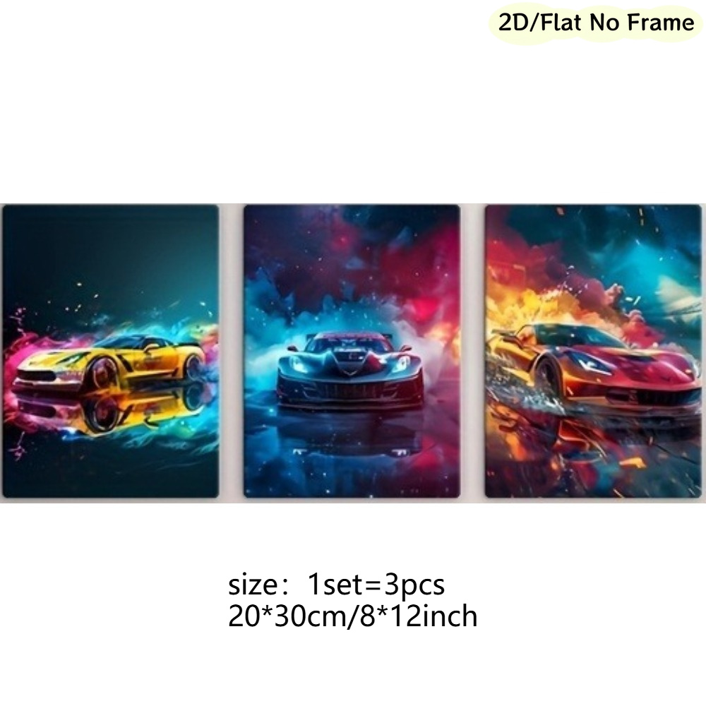 TEMU 2d Flat, 2d/flat Frameless, 3pcs Set Supercar Art Canvas Poster, For Men, Trendy Wall Art For Living Room, Bedroom, And Office,halloween
