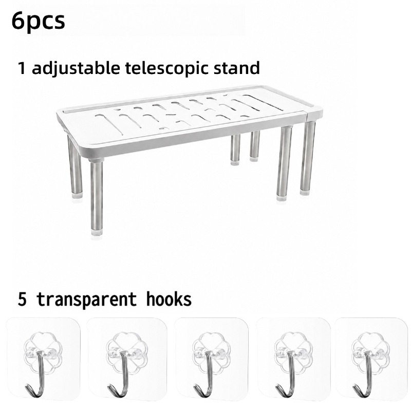TEMU 6pcs Adjustable Retractable Storage Racks With 5pcs Transparent Hooks, Multifunctional Cabinet Organizer Shelves, Extendable Space- Shelves For