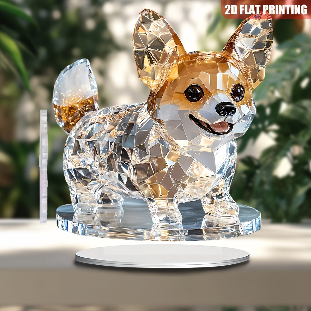 TEMU 2d Flat, 1pc 2d Acrylic Corgi Statue With Stand - Bohemian Style Desktop Decor, 7.1" Tall Textured Design, Gift For Home, Office, Garden & Party