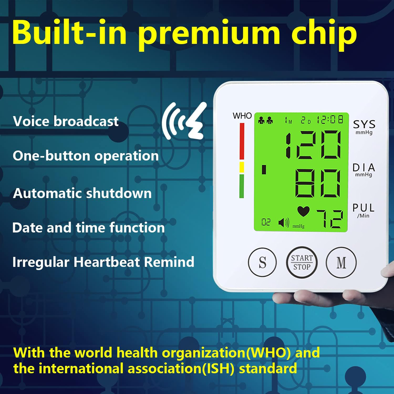   kun wrist   large lcd voice broadcast   operation heart rate bp readings adjustable cuff portable aaa powered irregular heartbeat reminder 3 color backlight carrying case included Product details 5