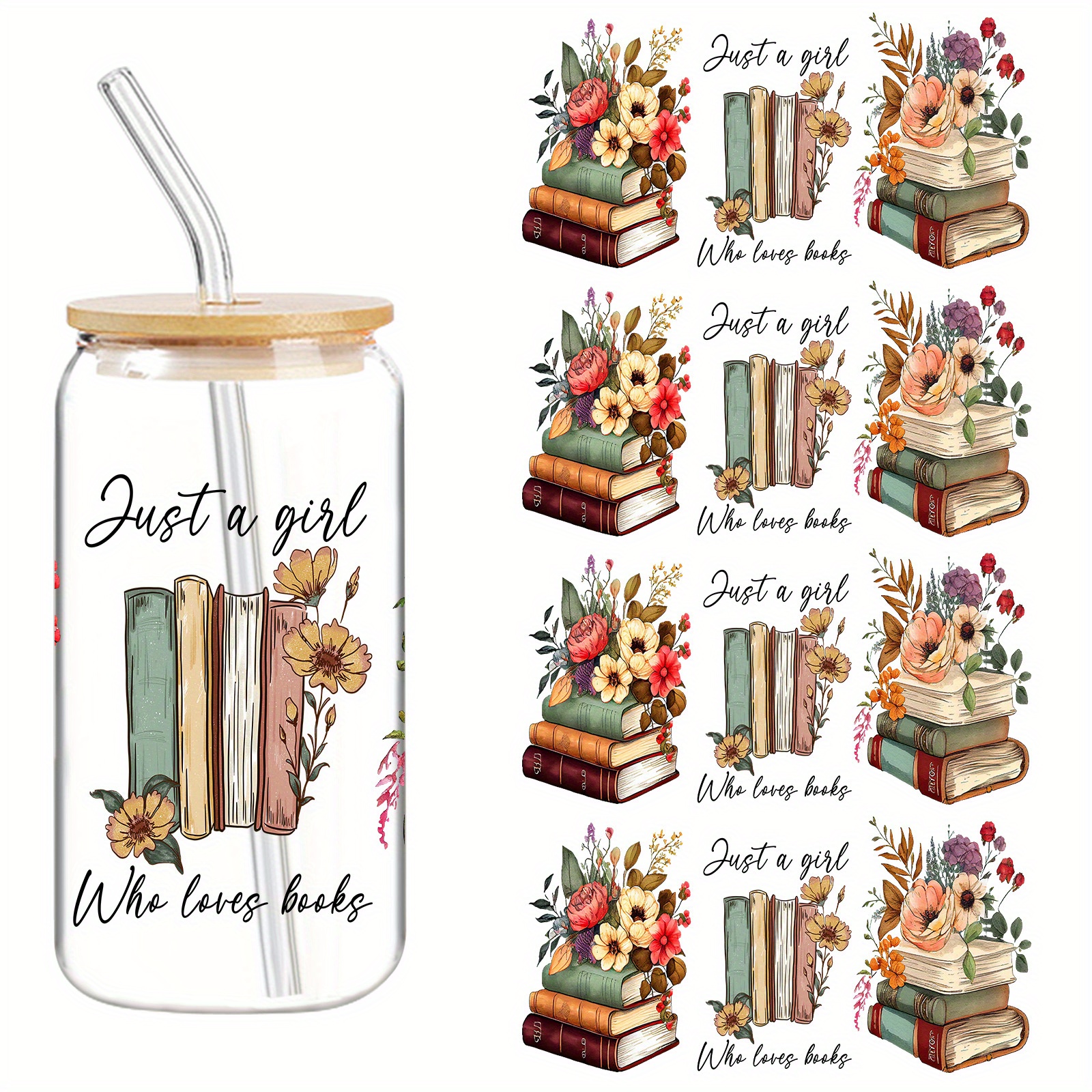 

4pcs Floral & Uv Dtf Transfer Stickers For 16oz Glass Jars - Waterproof, -resistant Premium 3d Crystal Decals, Diy Fashionable Women's Labels With Inspirational Quotes & Book Design, Book Lover Gifts