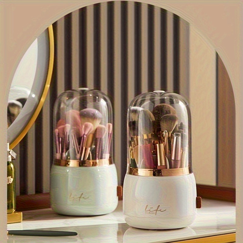 luxury makeup brush organizer with mint green rose golden accents transparent vanity storage box large capacity makeup organizer with dustproof lid for professional or home use bathroom countertop decor no assembly needed makeup vanity desk Product details 2