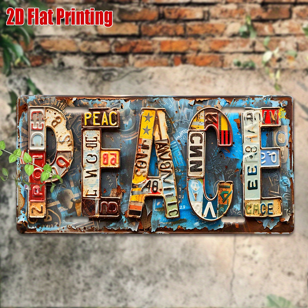 TEMU 2d Flat 2d Flat Design, [], 2d Flat Printing, 1pc, Vintage Sign, For Decorative Use , Outdoor Wall Art, "peace" Colorful Letter Scene, Retro