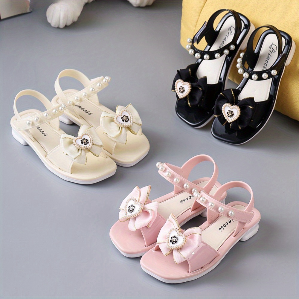 Girls' Princess Doll-like Sandals White/Pink//Black with -* Flower Bow  Heart Closure, Soft PVC Sole Strap, Low-Top Snap Closure for //1-2 