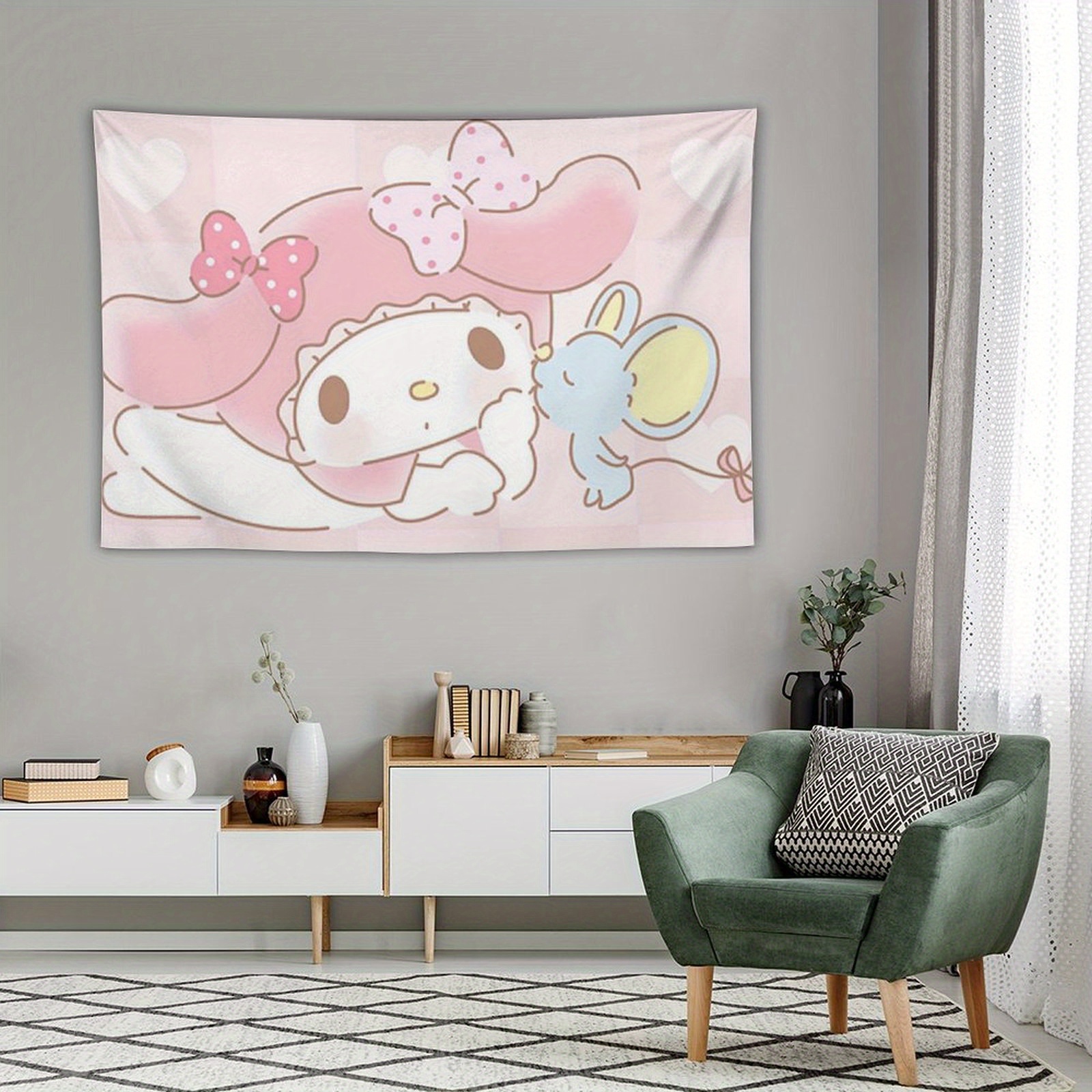 for Rabbit Tapestry Cute Cartoon Wall Hanging with Hearts,  Polyester Knit Fabric Dorms, Living Room, Bed