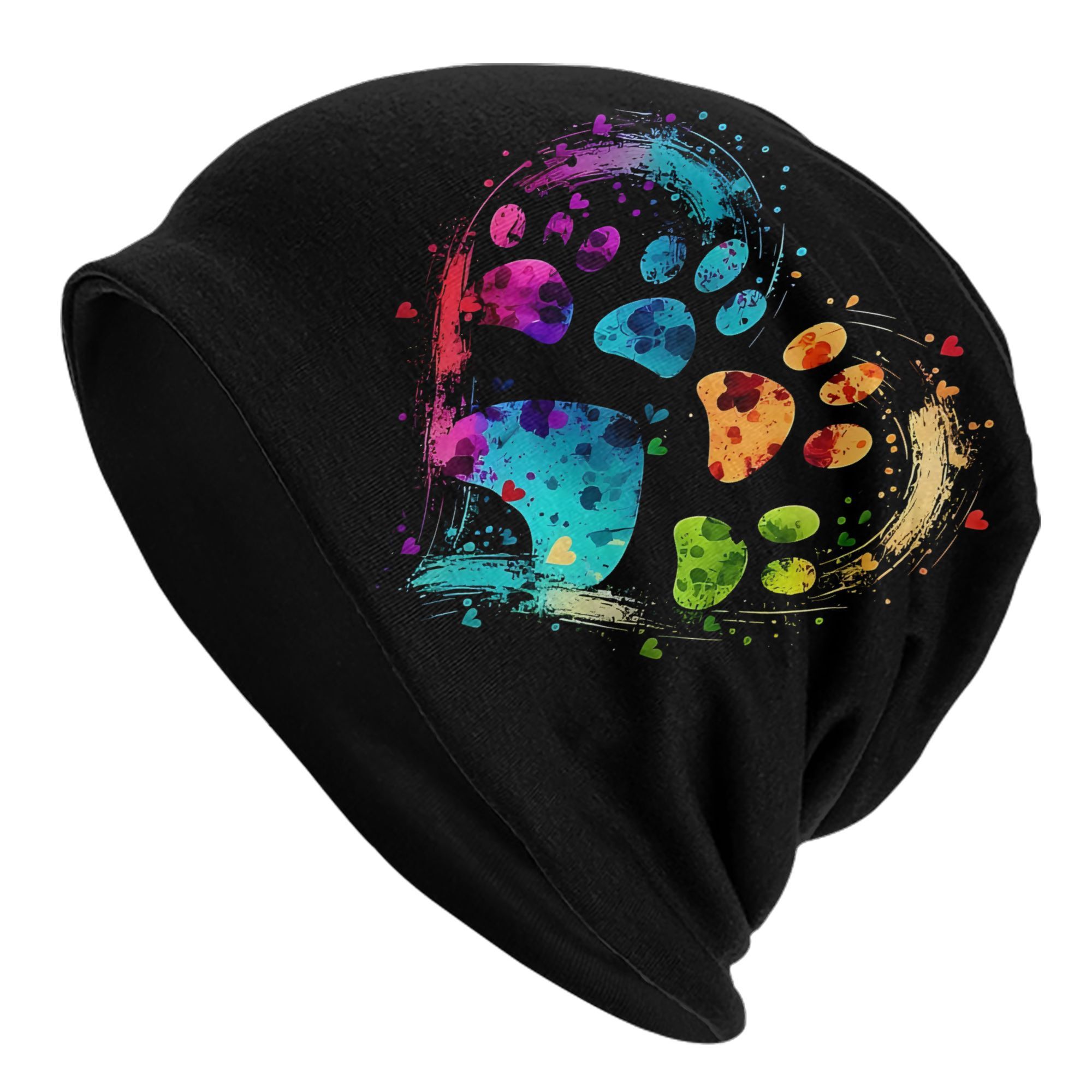 Image of Biihudu Animal Paws Skull Cap Beanie Hat - Unisex Hip Hop Style With Colorful Paw Print Design, Stretchy Fit For Casual Wear & Themed Events, Fashion Accessory, , Durable Knit