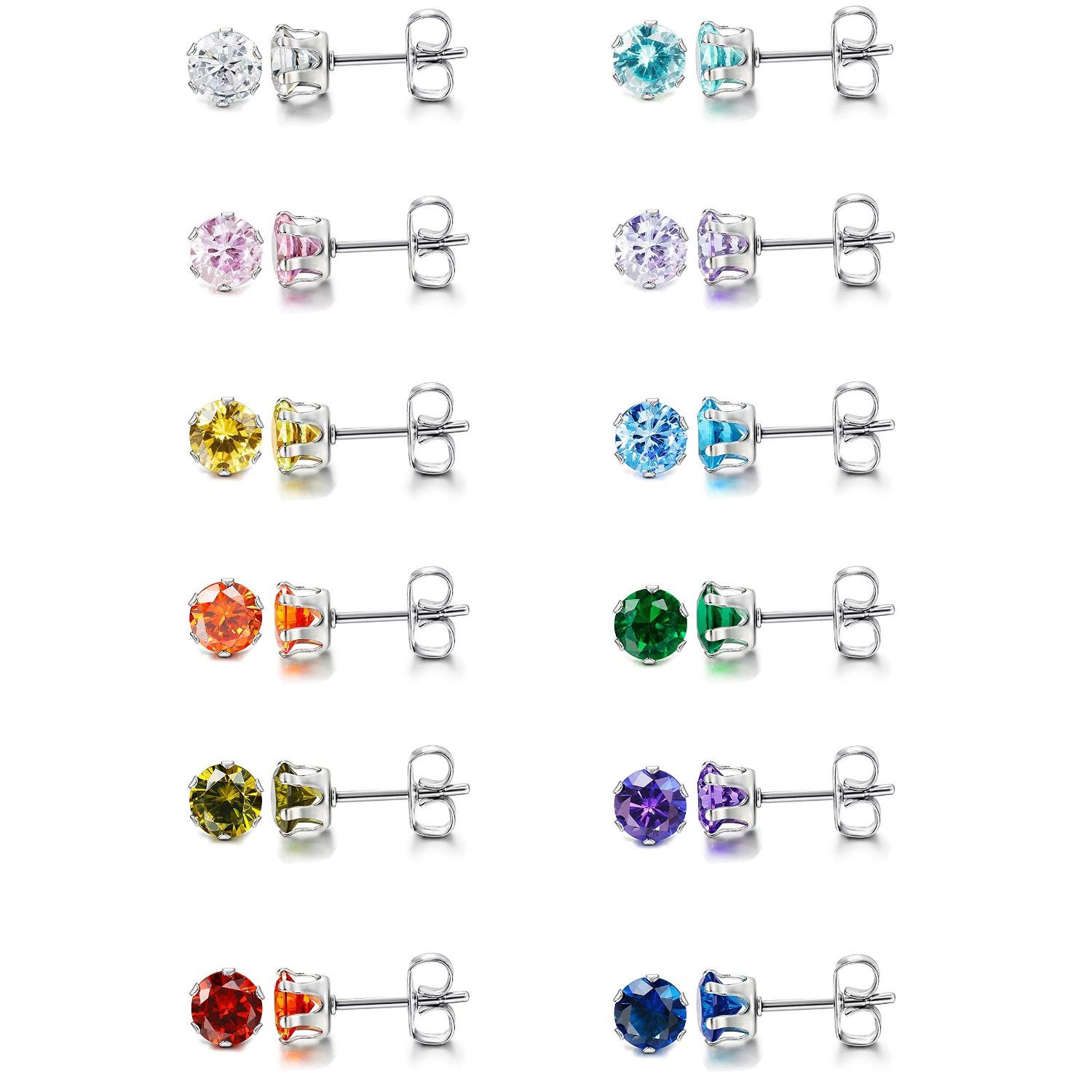 Image of 12 Pairs Stainless Steel Cubic Synthetic Zirconia Stud Earrings Cut Round Cz Earrings Set Birthstone Stud Earrings For Women
