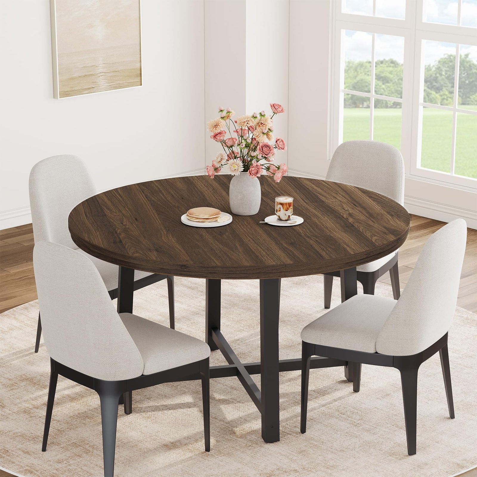 47" Round Dining Table For 4 Kitchen Dining Room Table With Sturdy Metal Frame Wood Circle Kitchen Table For Space Brown No Chairs