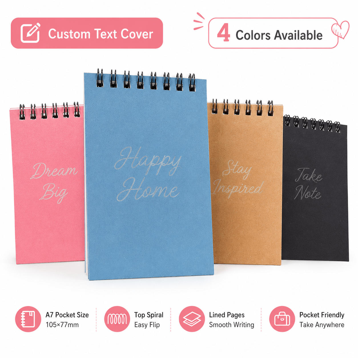Customizable A7 Pocket-Sized Spiral-Bound Notebook with Lined Pages