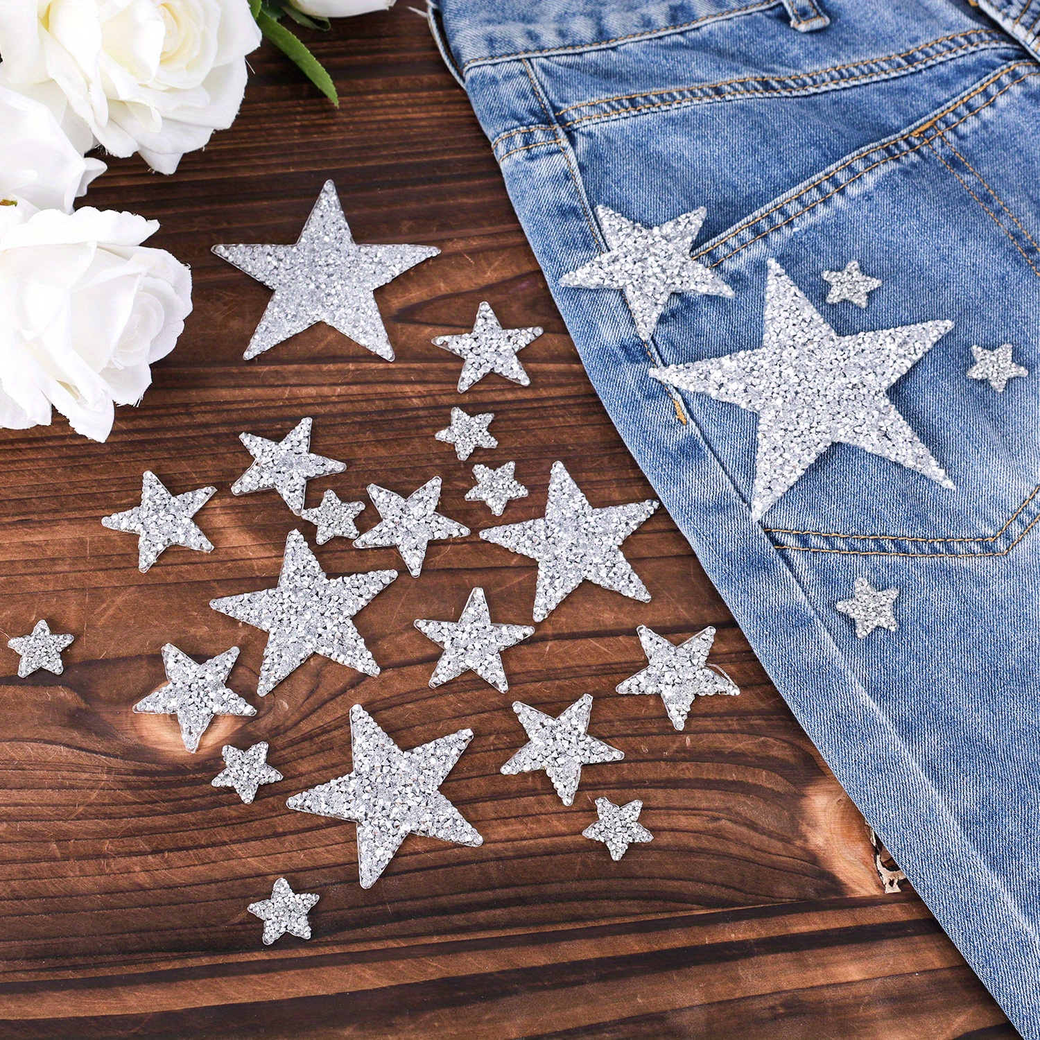 E-shop 24 Stück Silberne Strass-Stern-Bügelbilder, 5 Größen Glitzernde Stern-Applikationen für Kleidung, Funkelnde Pailletten-Stern-Patches zum