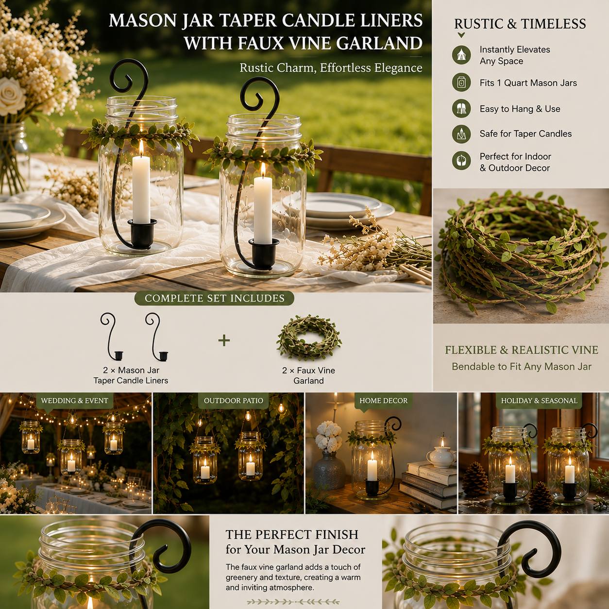 TEMU 4pcs Mason Jar Candle Holder Accessory Set, 2pcs Taper Candle Holder Inserts And 2pcs Vine Garlands, Designed For 1 Gallon Mason Jars, Rustic
