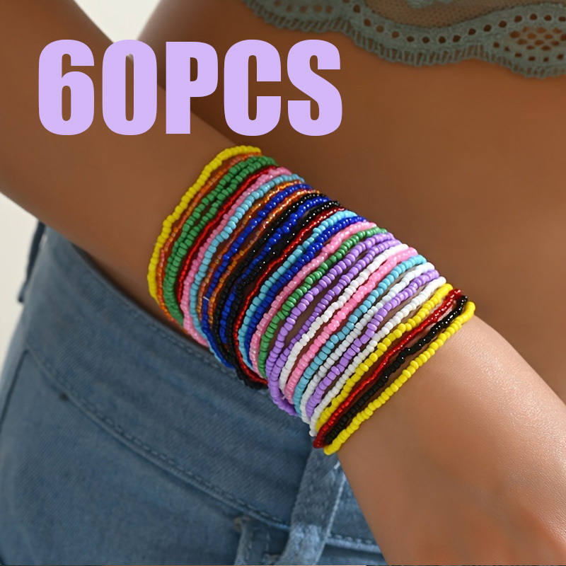 TEMU Set Of 60 Colorful Seed Beads For Making Bracelets In A Bohemian Style, Featuring Stackable Elastic Strings