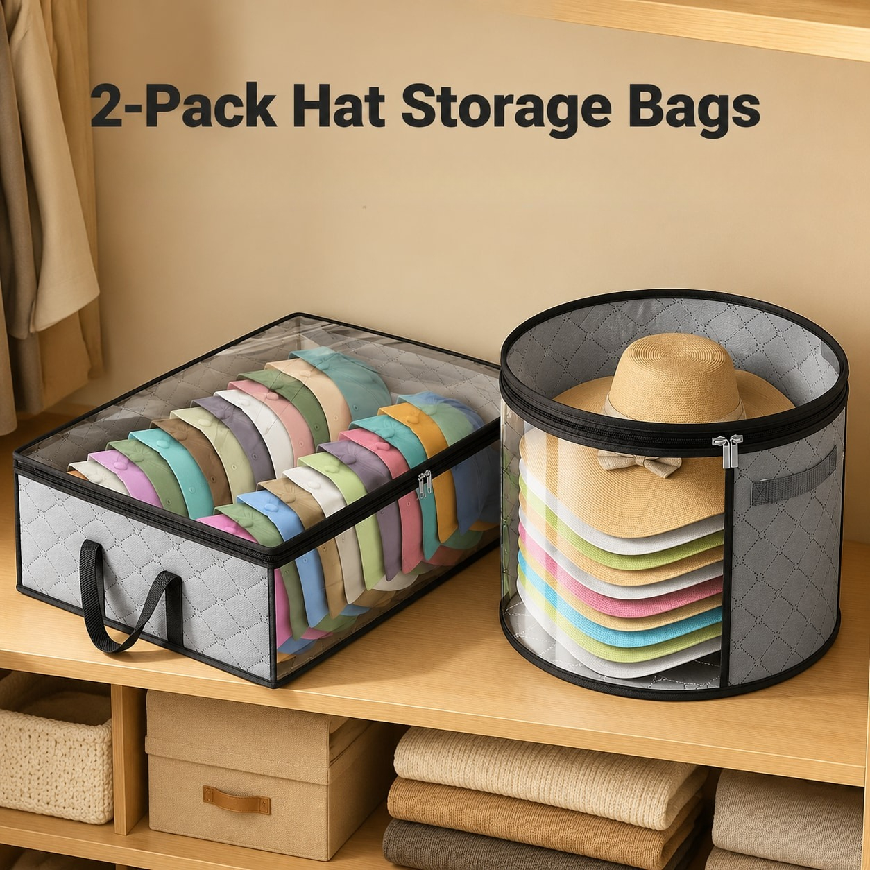 item picture 2pcs set 1 rectangular hat storage   cylindrical hat storage box lidded storage box with a transparent window and handle foldable quilted wardrobe organizer with zipper closure space saving design suitable for storing hats of  
