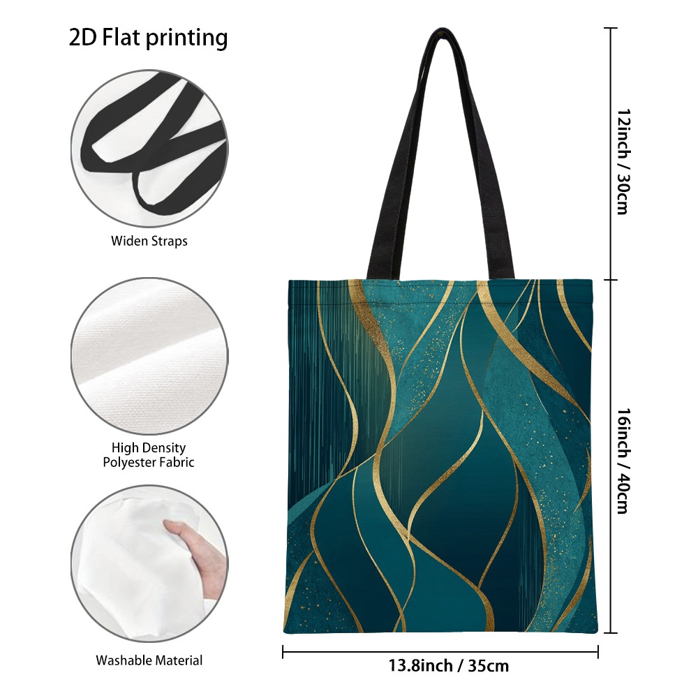 TEMU 1pc Vibrant Elegant Golden Lines Double-sided Print Tote Bag - Reusable Grocery Bags With Durable Handles, Polyester Handbag For Shopping, Daily